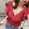 Polka Dot Printing Chiffon Lace Up V-Neck Sexy Chic Flying Sleeve Women's Blouse Shirt Korean Fashion Female Clothing Tops 2024