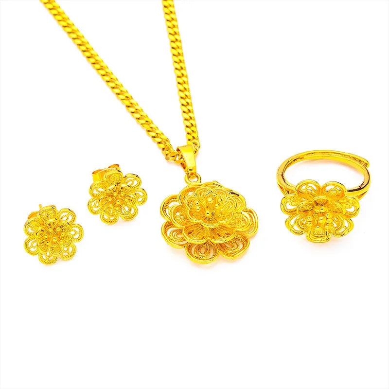 Fashion 100% 24K Real Gold 999 Plated Jewelry Set Sun Flower 3mm 45cm Collarbone Necklace Earrings and Rings Gifts for Women