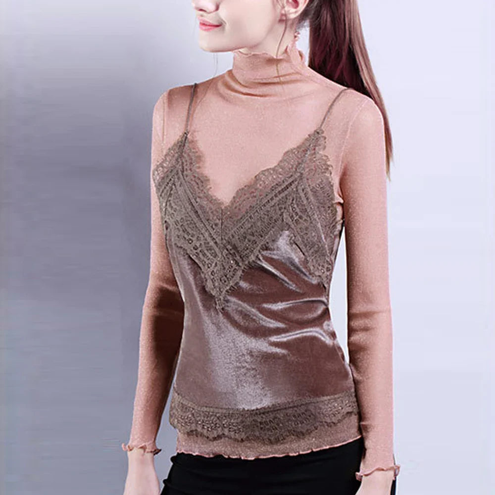 Sexy Women T Shirt See Through Transparent Mesh Tops Long Sleeve Sheer Slim Ladies Turtleneck Bright T-Shirt Lace Crop Top S-2XL