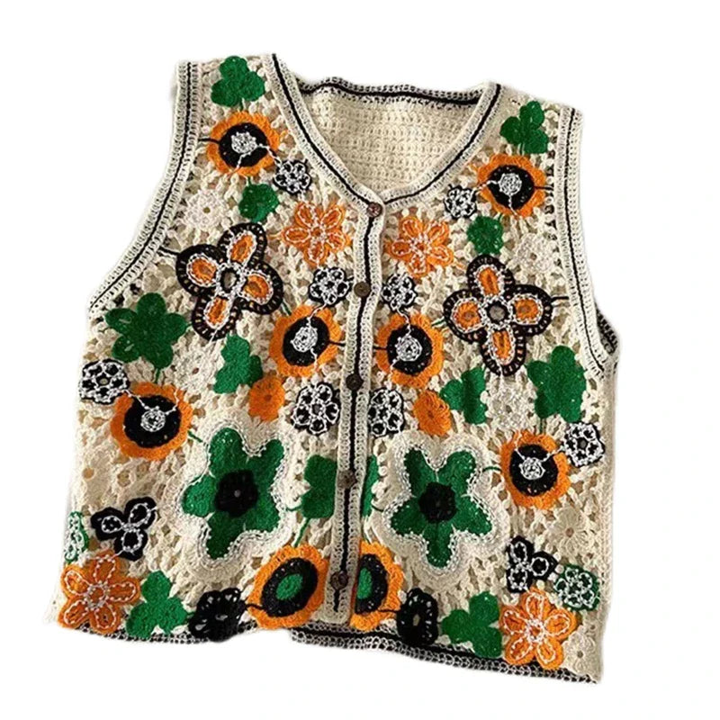 Women Hollow Crochet Knit Vest Waistcoat Beaded Floral Button Crop Cardigan Top