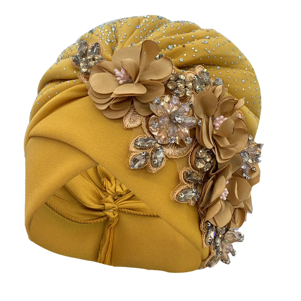 Elegant African Turban Cap with Shiny Rhinestone Ready to Wear Nigeria Auto Gele Headtie Party Women's Head Wrap Bonnet Turbante