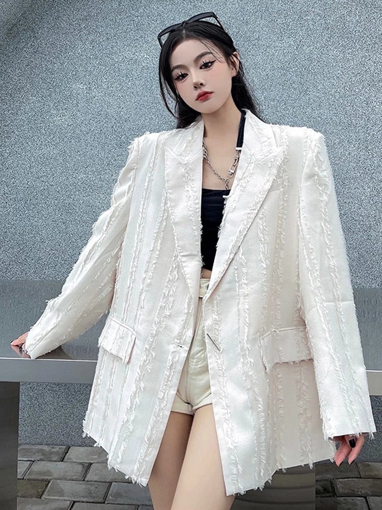 SONNEESD Streetwear Fashion Harajuku Style Neutral Coat Rough Edge Vintage Personality Full Sleeve Design Loose Black Suit Coat