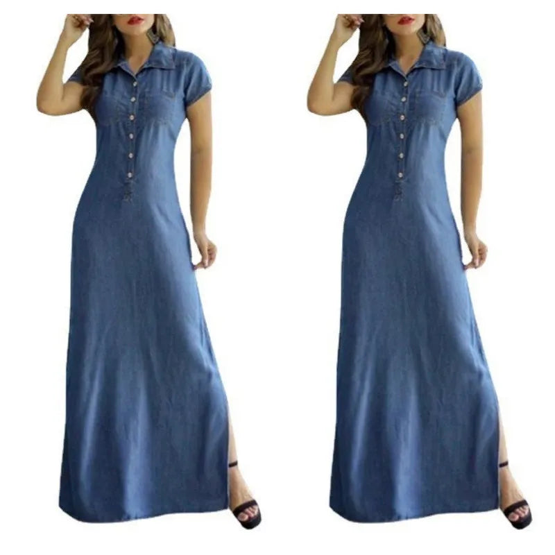 Europe And America Cross Border New Long Dress Shirt Collar Split Pocket Large Swing Dress Large Casual Denim Dress