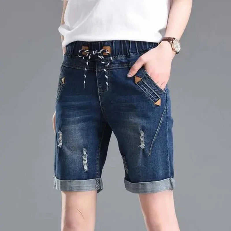 Summer Cuffs Ripped Jeans Woman Elastic Waist Lace Up Shorts With Holes Femme Plus Size Casual Harem Pants Mujer Korean Style