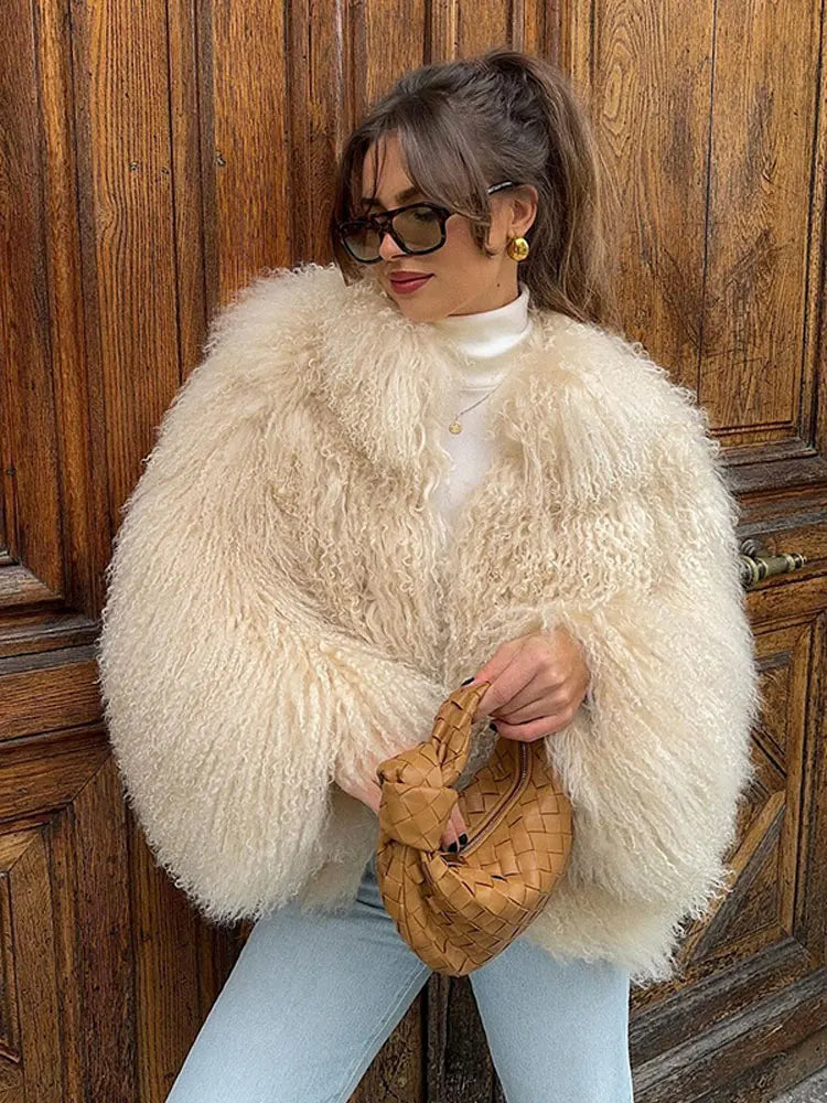 2024 Winter New Fashion Solid Fluffy Fur Coat Women High Street Luxury Lapel Collar Faux Fur Jacket Female Casual Overcoats