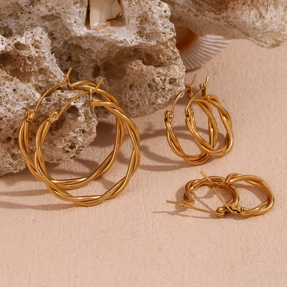E.B.belle Thin Twists Ring Hoop Earrings Water Resistant 316L Stainless Steel Women's Earrings 18K Gold Plated Jewelry