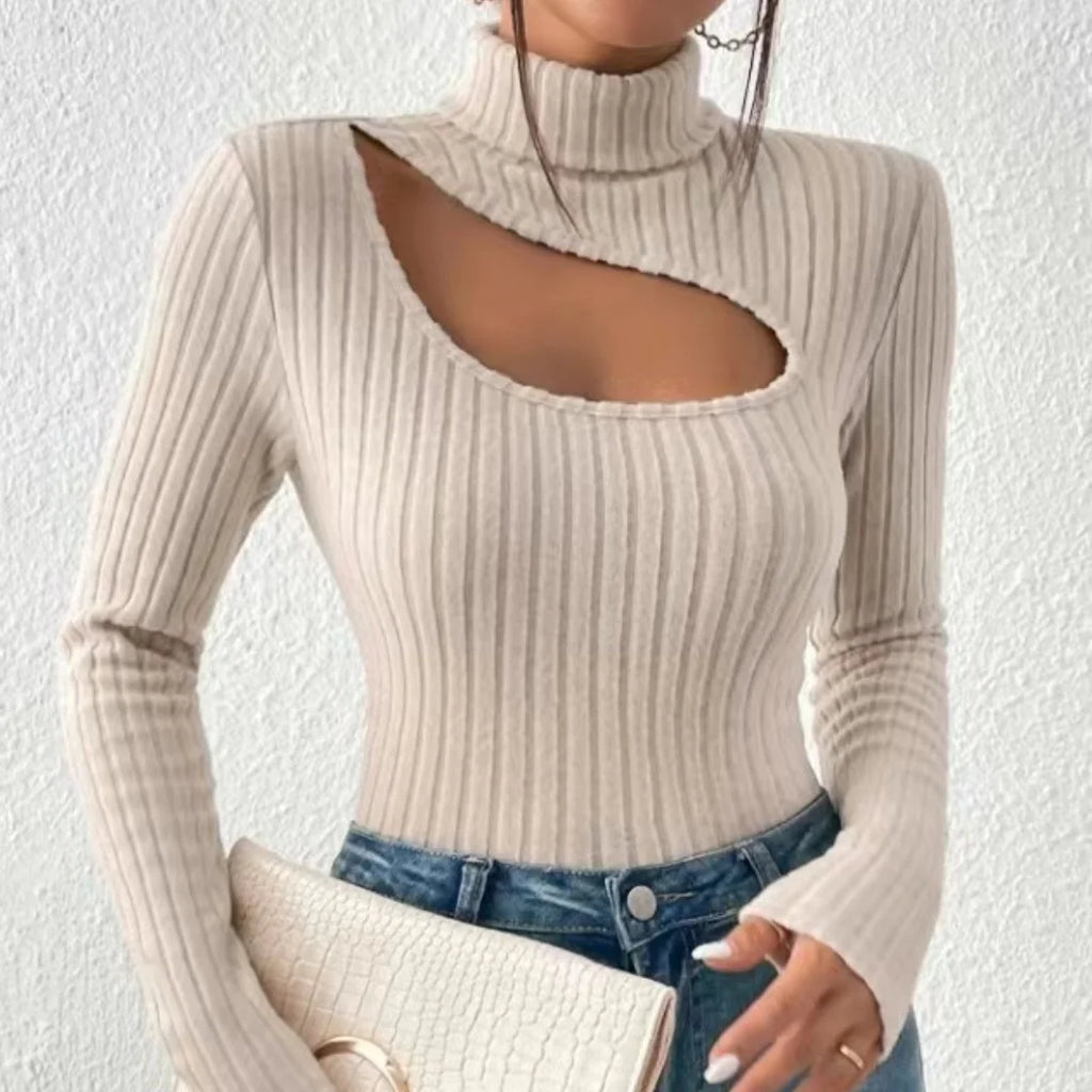 2024 New Slim Fit Long Sleeved T-shirt for Women Spring Autumn Sexy Hollowing Out Turtleneck Leisure Top Ladies Clothes Wear Top