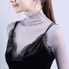 Sexy Women T Shirt See Through Transparent Mesh Tops Long Sleeve Sheer Slim Ladies Turtleneck Bright T-Shirt Lace Crop Top S-2XL