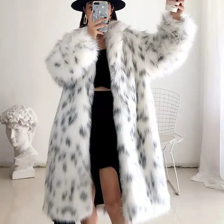 Thick Leopard Women Winter Maxi Faux Fox Fur Coat Jacket Long Warm Luxury Fur Black Parkas Bontjas Furry Shaggy Outerwear