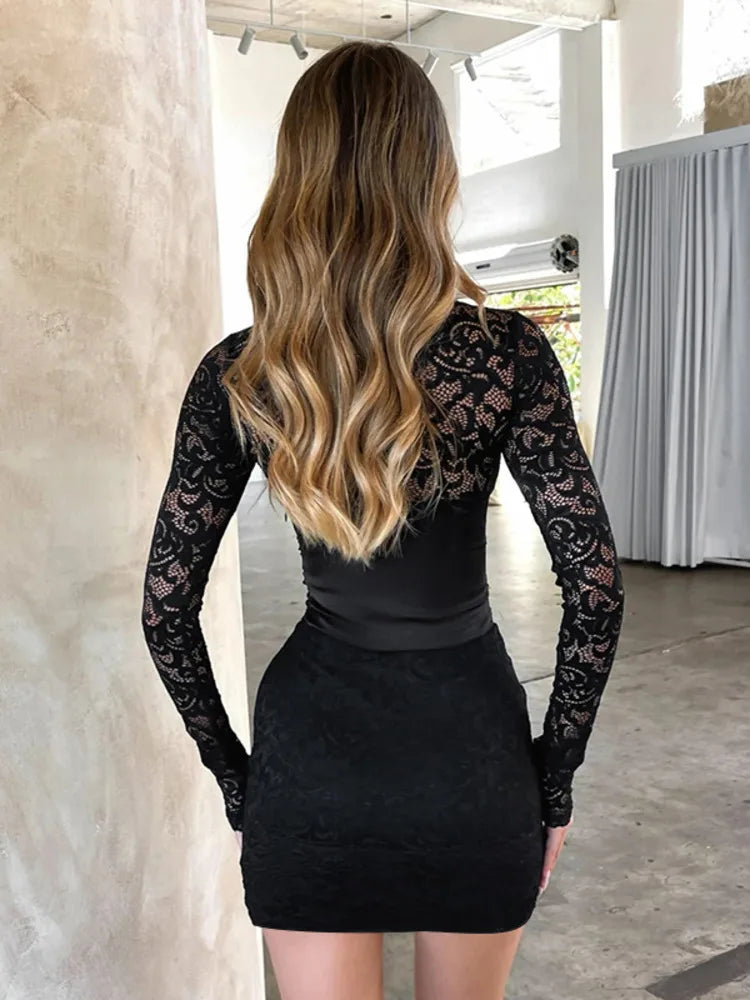 Mozision Elegant Lace Sexy Mini Dress For Women Fashion Autumn New Deep V Neck Long Sleeve Bodycon Club Party Dress Clubwear