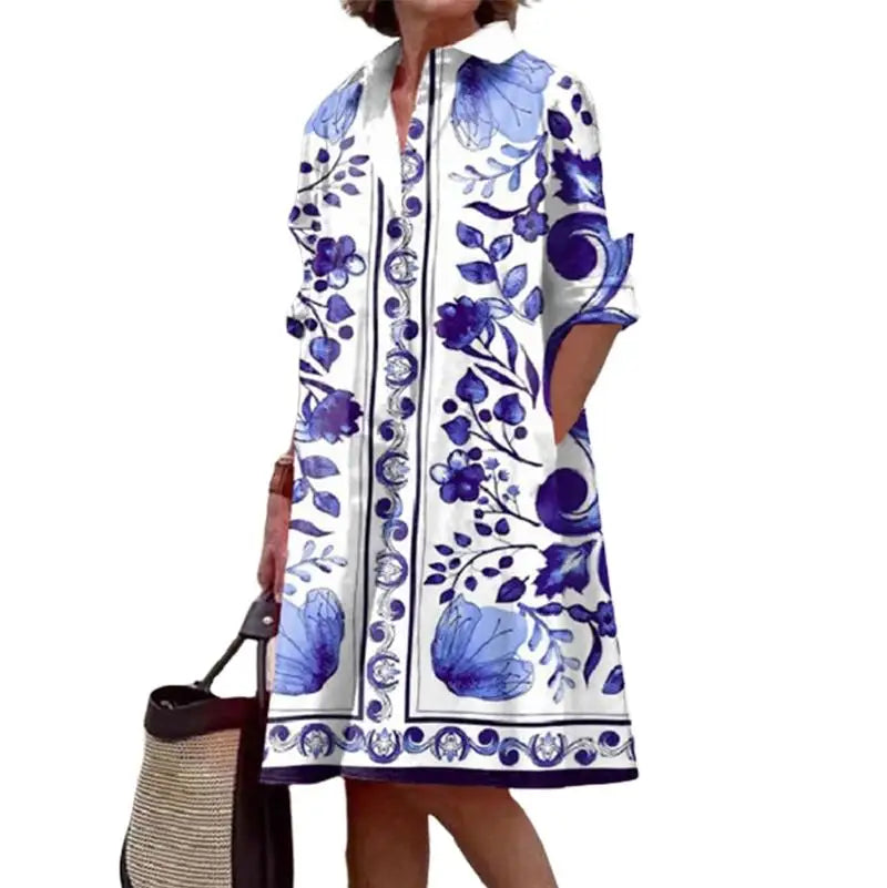 Yeezzi Women Elegant Chic Floral Printed Lapel Party Evening Dress 2023 New Spring Autumn Long Sleeves Vintage Midi Dresses