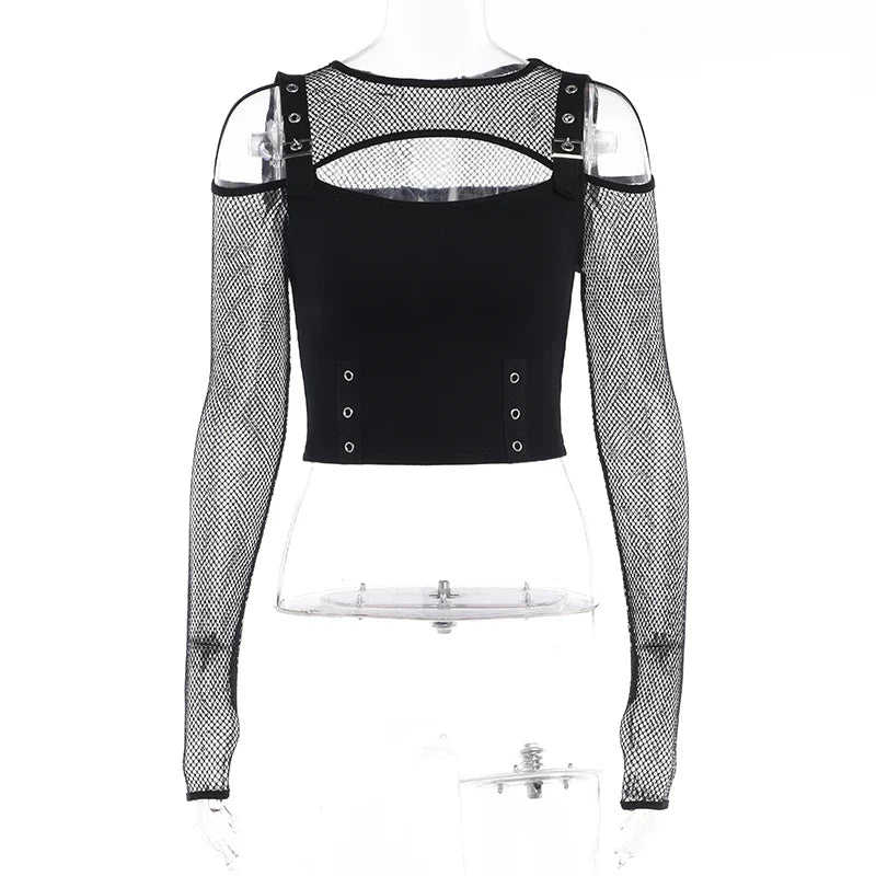 Women's Summer and Autumn And Winter New Dark Punk Style Hot Girl Sexy Slim  long-Sleeved Top Mesh splicing T-Shirt CF23422AH