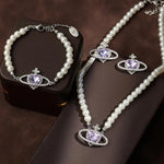 Load image into Gallery viewer, Luxury Purple Crystal Planet Heart Earrings Bracelet Necklace Set For Women Exquisite Imitation Pearl Wedding Bride Jewelry
