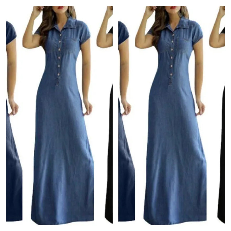 Europe And America Cross Border New Long Dress Shirt Collar Split Pocket Large Swing Dress Large Casual Denim Dress