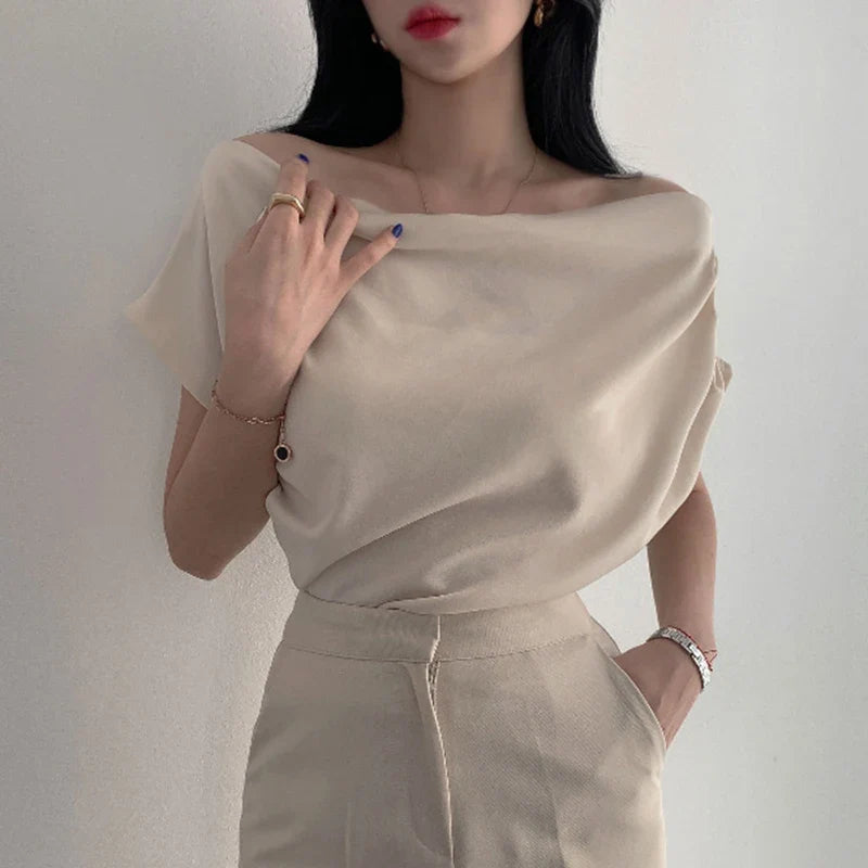 Temperament Off Shoulder Design Versatile Short Sleeve Pile Up Collar Shirt Slash Crop Top Blusas Mujer De Moda 2024 Slim Shirts