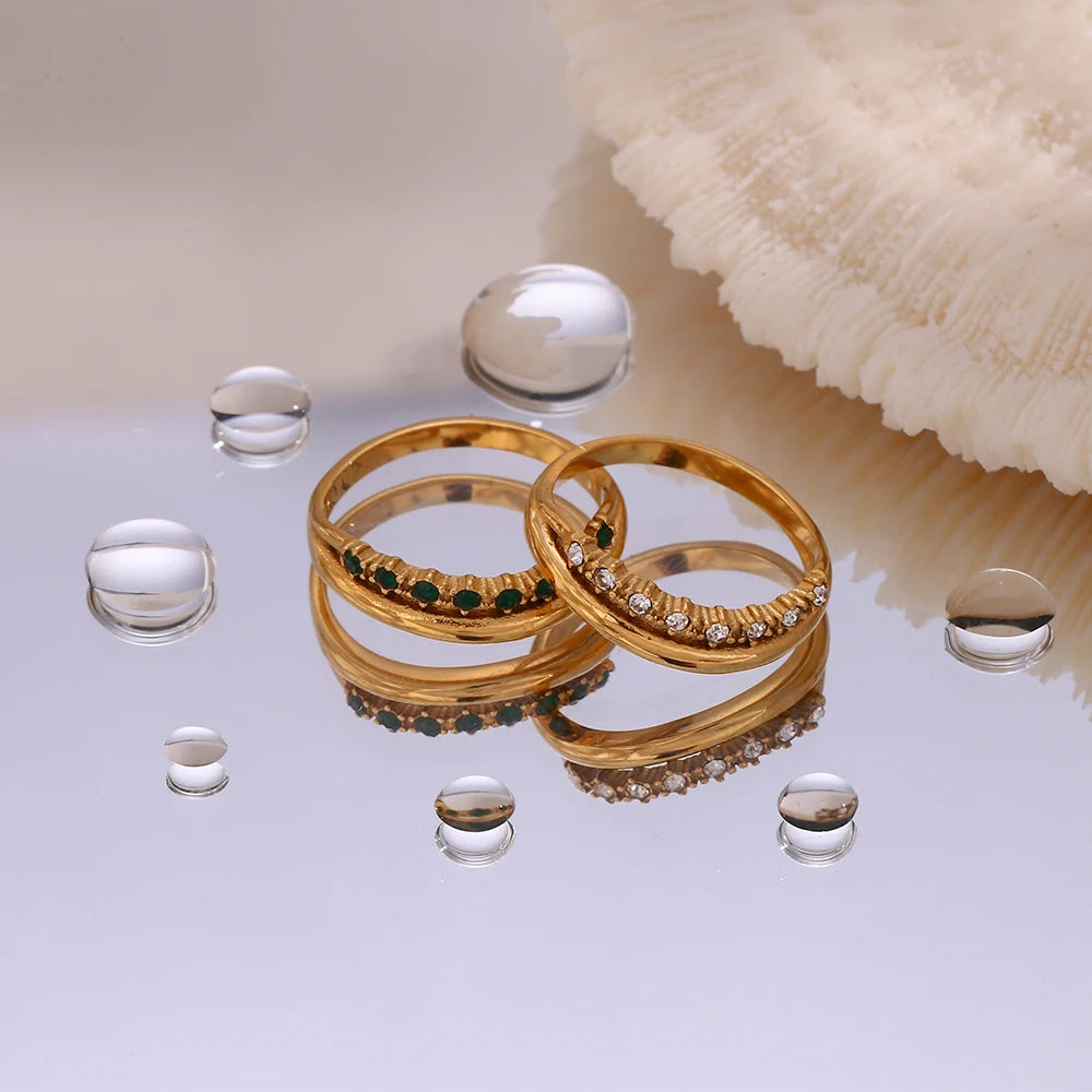 E.B.belle Stainless Steel Jewelry Trendy Micro Paved Rhinestone Multiple Layer Wedding Party Rings For Bridal Gold Plated Ring