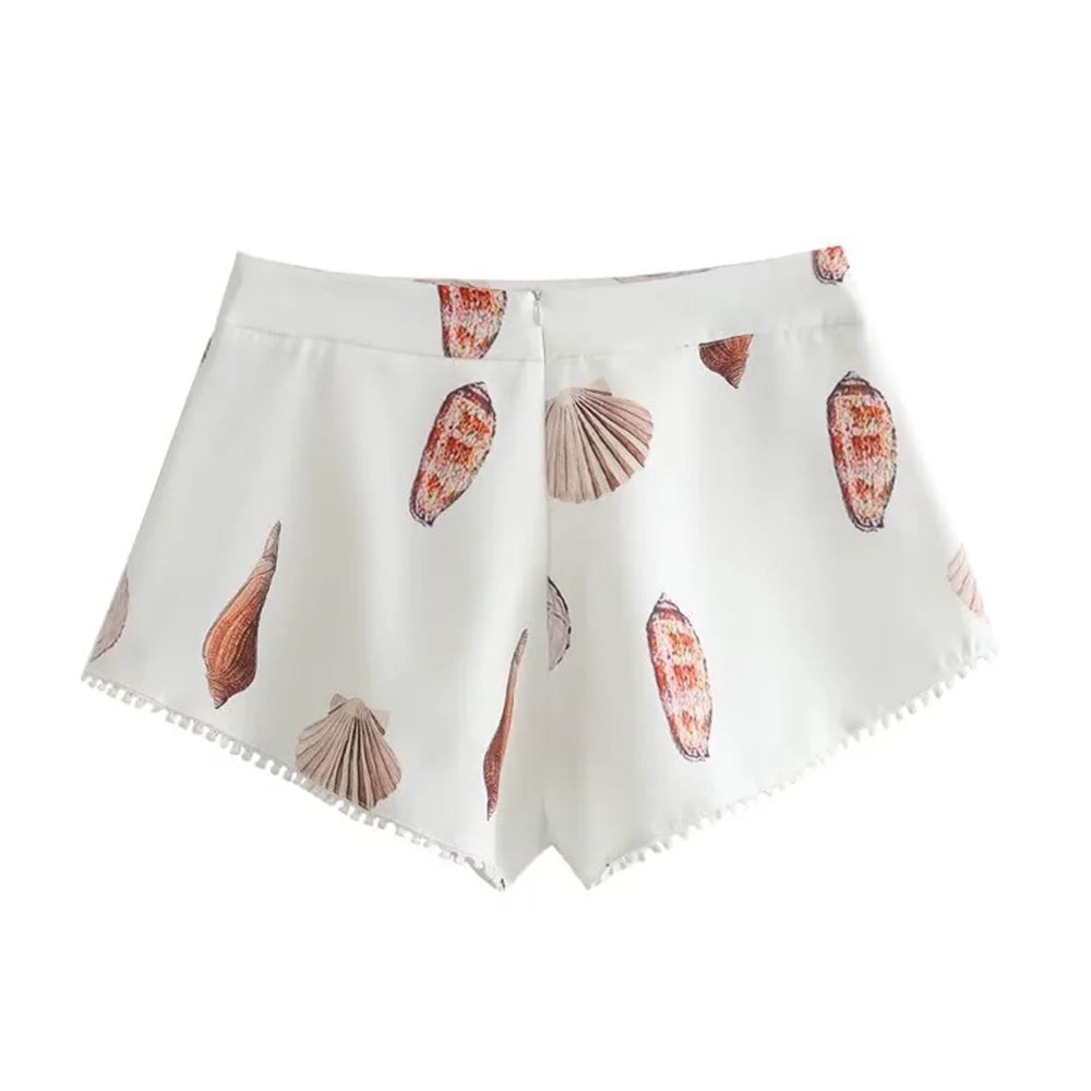 UNIZERA2024 Spring/Summer New Product Women's Fashion and Elegance Shell Printed Shirt Lace Panel Shorts Casual Set