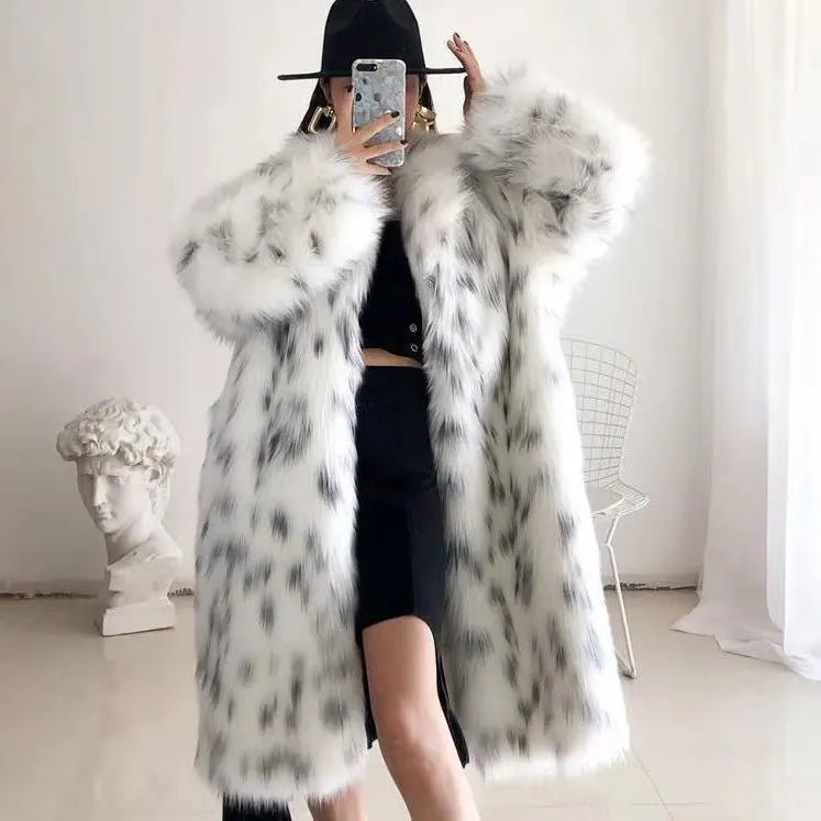 Thick Leopard Women Winter Maxi Faux Fox Fur Coat Jacket Long Warm Luxury Fur Black Parkas Bontjas Furry Shaggy Outerwear