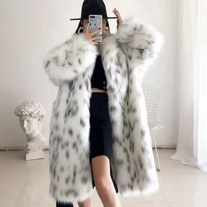 Thick Leopard Women Winter Maxi Faux Fox Fur Coat Jacket Long Warm Luxury Fur Black Parkas Bontjas Furry Shaggy Outerwear