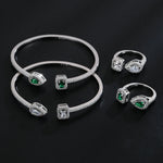 Load image into Gallery viewer, LXOEN 2pcs Pack Green Silver Color Bride Jewelry Set Halo Engagement Ring Adjustable Open Bracelet for Wedding Gift Christmas