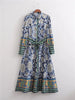 Woman Casual Blue Long Print Shirt Dresses 2022 Spring Female High Waisted Sashes Dress Ladies Long Sleeve Button Dresses