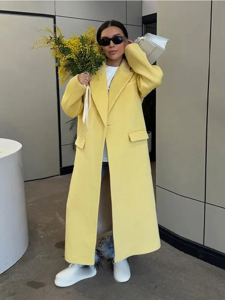 Elegant Lapel With Packet One Button Woolen Coat Women Fashion Yellow Long Sleeve Loose Overcoat 2024 Autumn Winter Lady Outwear
