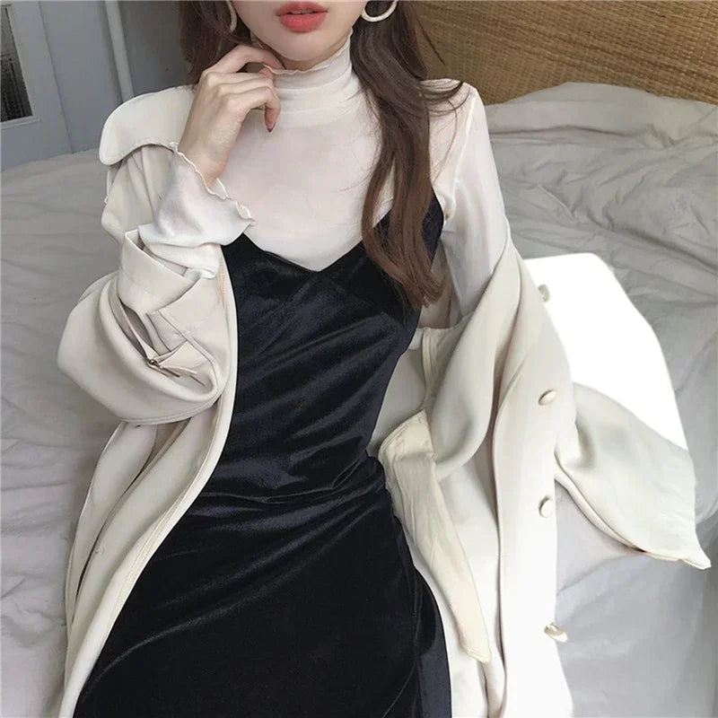 Autumn Korean Mesh T-Shirt Women Turtleneck Vintage Long Sleeve Office Lady Tshirts Slim Women Shirt Lace Blouse for Ladies