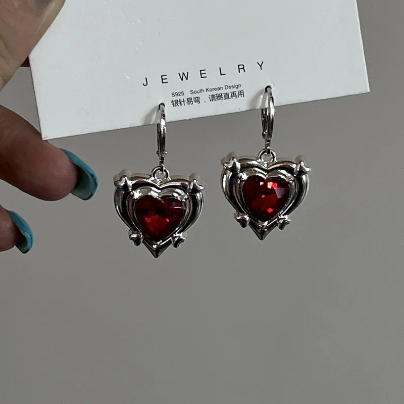 Y2K Goth Heart Cross Star Pendant Earrings Women Red Zircon Love Dangle Earring Gothic Irregular Tassel Earrings Fashion Jewelry