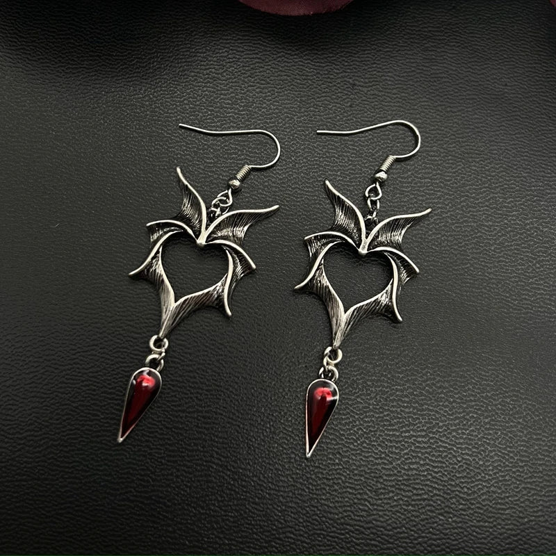 Vintage Punk Bat Heart shaped Earrings for Women Hip Hop Red Stone Pendant Personalized Earrings for Women's Party Jewelry