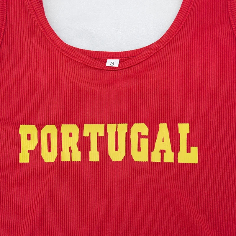 Y2k New Red Punk Sexy Tank Top Retro Aesthetic PORTUGAL Print Soccer Sleeveless Crop Tops Summer Slim Woman Clothing T-shirts
