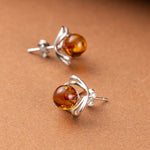 Load image into Gallery viewer, Baltic Round Amber 925 Sterling Silver Flower Ball Earrings for Women - Fashion Natural Baltic Amber Stone Jewelry Wholesale