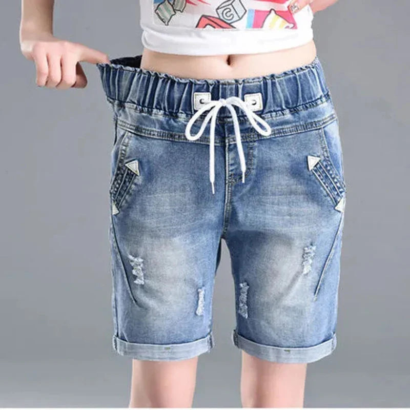 Summer Cuffs Ripped Jeans Woman Elastic Waist Lace Up Shorts With Holes Femme Plus Size Casual Harem Pants Mujer Korean Style