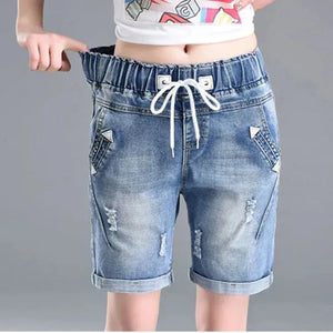 Summer Cuffs Ripped Jeans Woman Elastic Waist Lace Up Shorts With Holes Femme Plus Size Casual Harem Pants Mujer Korean Style