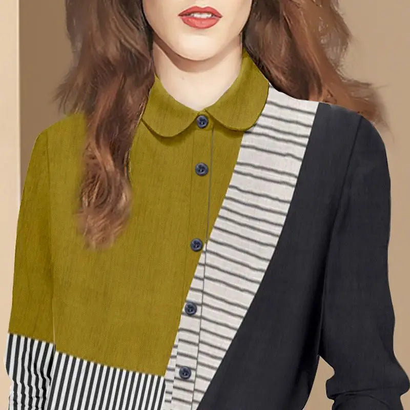 Spring and Autumn 2024 New Fashion Retro Contrast Color Printed Women's Polo Neck Stripe Long Sleeve Spliced Loose Shirts Tops
