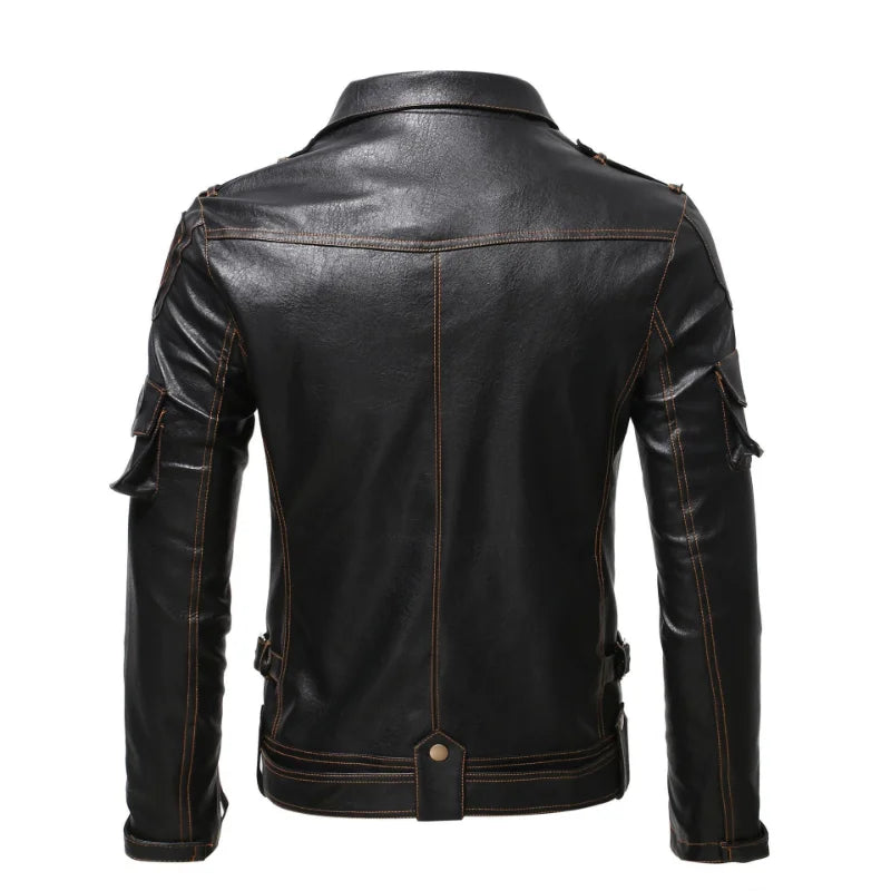 Vintage Motorcycle Multi-zip Jacket With Lapel Pu Leather Multi-pocket Leather Jacket
