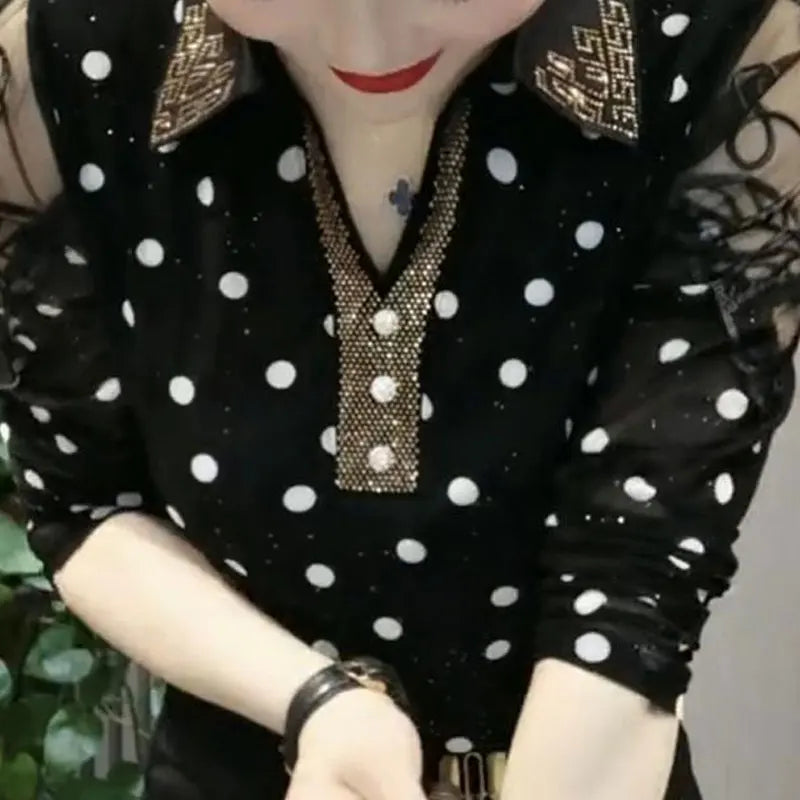 Autumn Turn-down Collar Chic Diamonds Women's Clothing Sexy Gauze Lace Shirt Commute Polka Dot Stylish Sequined Blouse