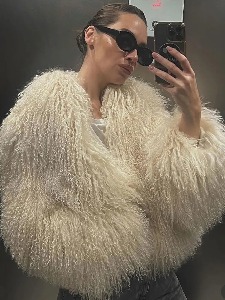 2024 Winter New Fashion Solid Fluffy Fur Coat Women High Street Luxury Lapel Collar Faux Fur Jacket Female Casual Overcoats