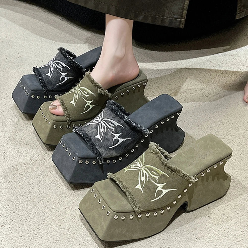 Bonjomarisa Platform Sandals For Women Butterfly Embroidery Fashion Goth Sandals Shoes Slip On Open Toe High Heels Shoes Y2k