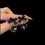 Load image into Gallery viewer, Fashion Black Bow Crystal Square Pendant Stud Earrings for Women Elegant Temperament Ladies Party Birthday Gifts High Jewelry