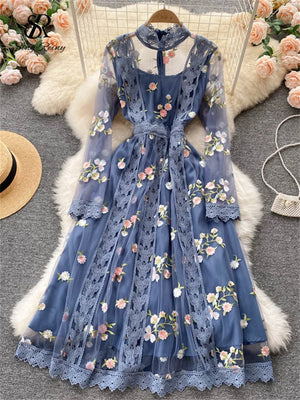 SINGREINY Autumn Gauze Sweet Party Dress Women Embroidery Long Sleeve A Line Female Fashion Streetwear Long Print Evening Dress