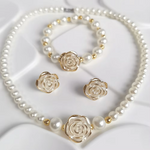Load image into Gallery viewer, 3 PCS Set Pearl Effected Rose Charm Imitation Pearl Necklace Bracelet Earring Stud Set Heart Pendant Necklace Jewelry Set Gift