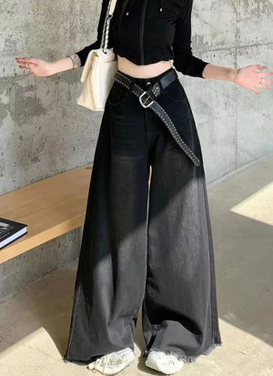 Hot Girl Baggy Woman Pants Y2k Street vintage Washed To Make Old Jeans Straight Wide-Leg Denim Black Gothic Pants For Women