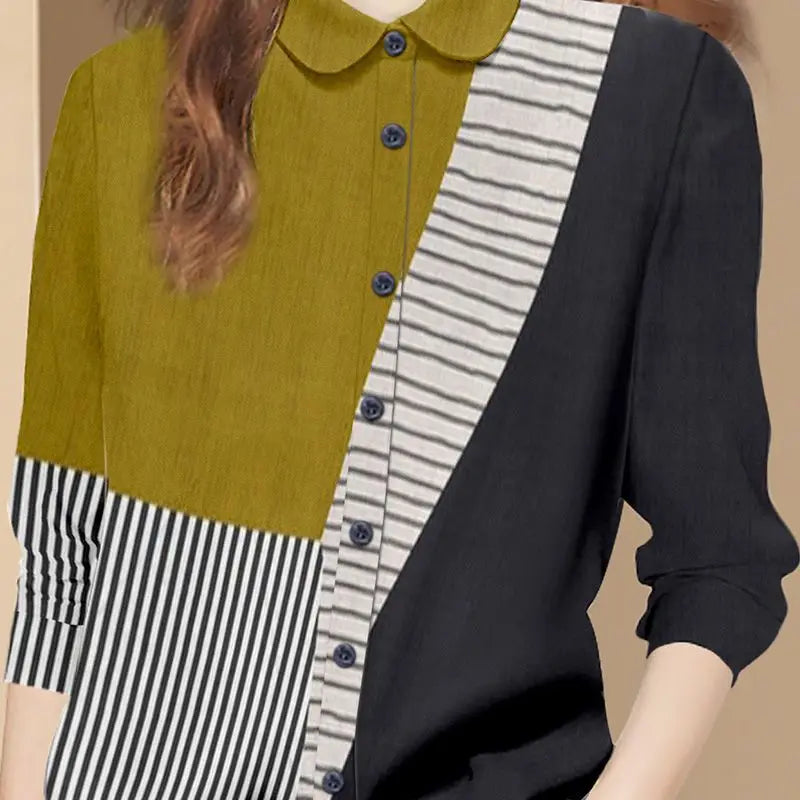 Spring and Autumn 2024 New Fashion Retro Contrast Color Printed Women's Polo Neck Stripe Long Sleeve Spliced Loose Shirts Tops