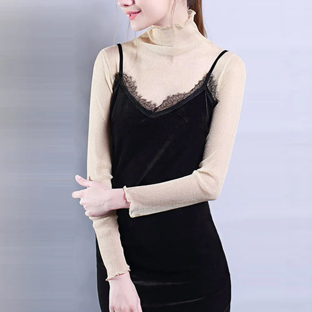 Sexy Women T Shirt See Through Transparent Mesh Tops Long Sleeve Sheer Slim Ladies Turtleneck Bright T-Shirt Lace Crop Top S-2XL