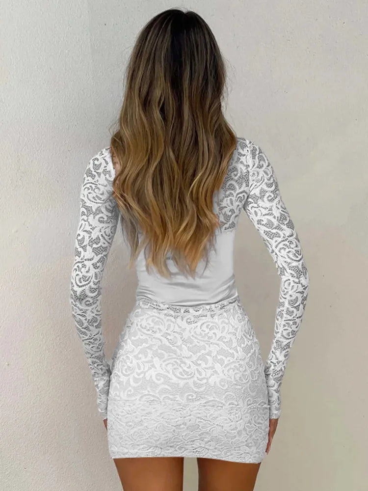 Mozision Elegant Lace Sexy Mini Dress For Women Fashion Autumn New Deep V Neck Long Sleeve Bodycon Club Party Dress Clubwear