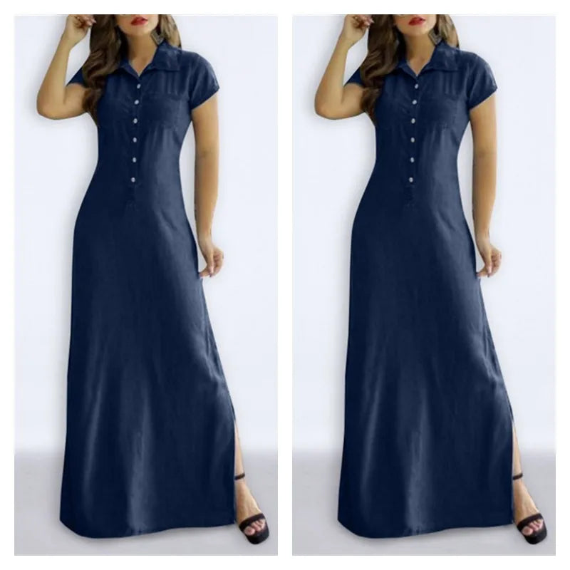 Europe And America Cross Border New Long Dress Shirt Collar Split Pocket Large Swing Dress Large Casual Denim Dress
