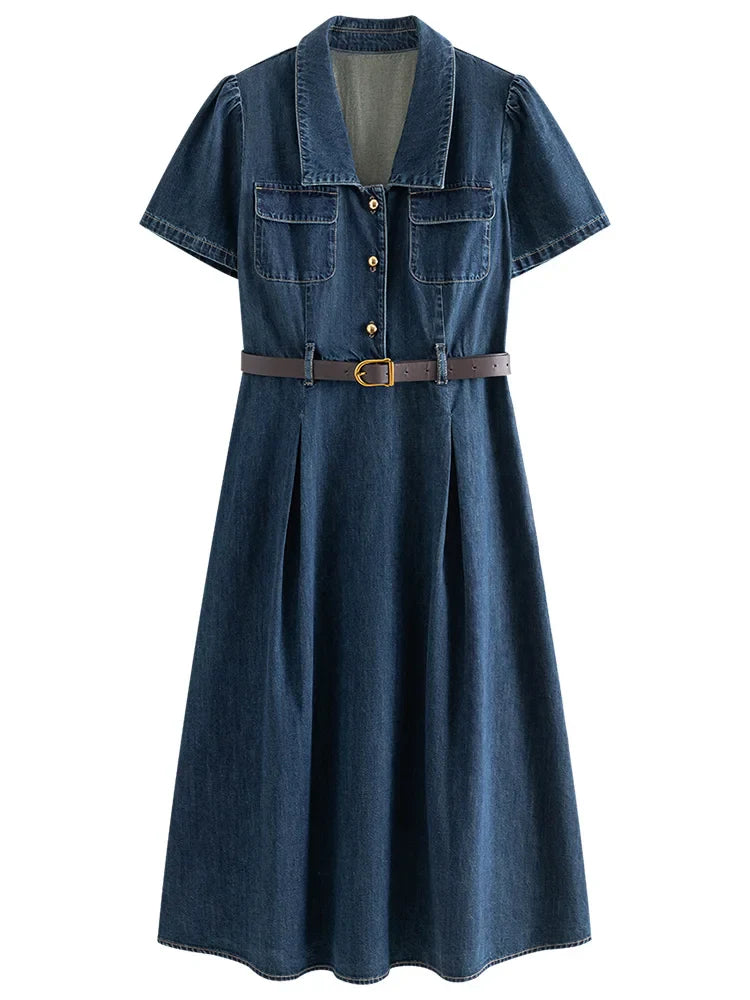 FSLE French Temperament Elegant Retro Denim Dress For Women 2024 Summer New Design High Waist Versatile Long Dress  24FS12236