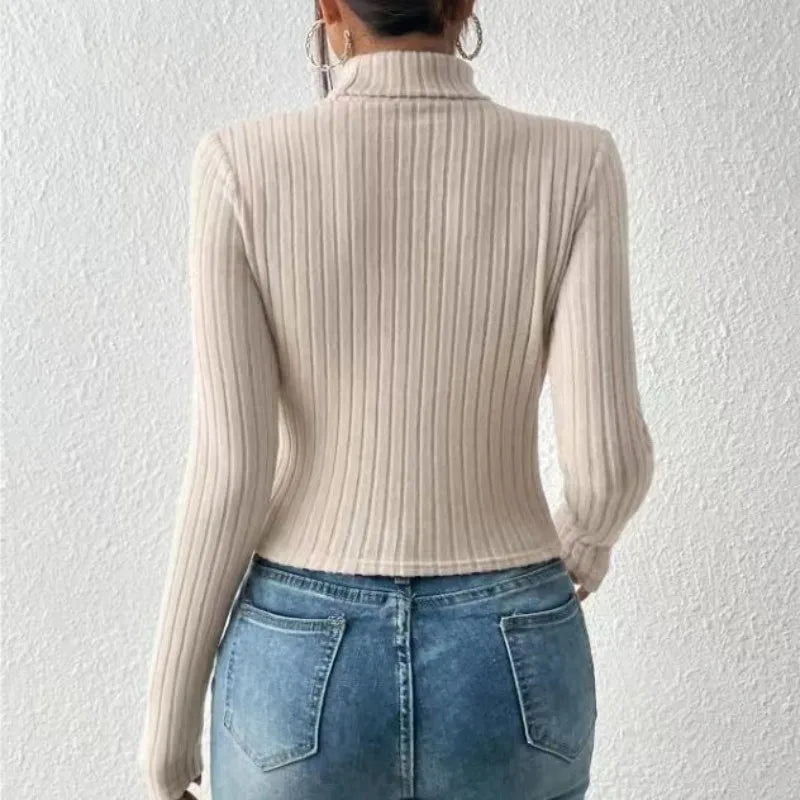 2024 New Slim Fit Long Sleeved T-shirt for Women Spring Autumn Sexy Hollowing Out Turtleneck Leisure Top Ladies Clothes Wear Top