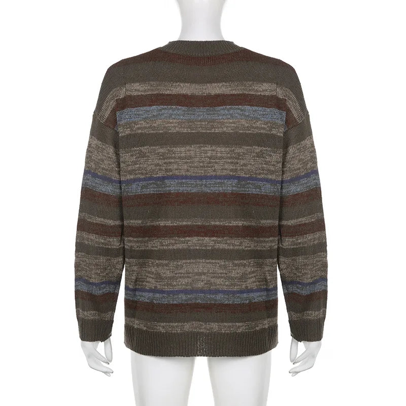 Imcute Women Y2K Argyle Striped Pullover Sweater Casual Long Sleeve Round Neck Vintage Preppy Style Pullover Knitwear(