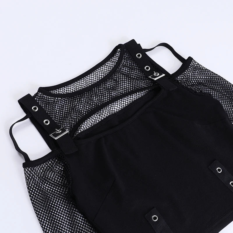 Women's Summer and Autumn And Winter New Dark Punk Style Hot Girl Sexy Slim  long-Sleeved Top Mesh splicing T-Shirt CF23422AH